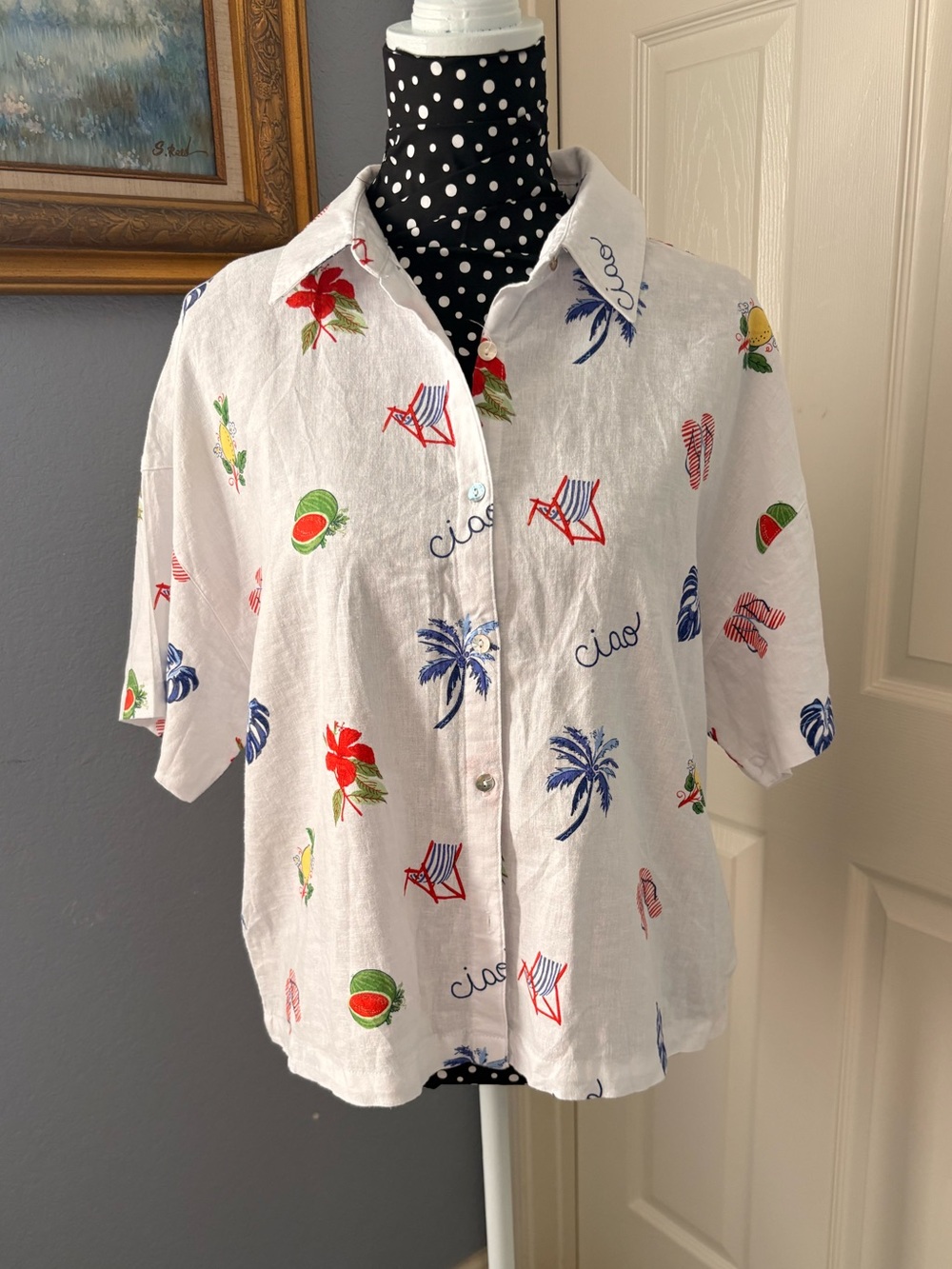 C&C California White Tropical-Print Button Shirt ✨Size Small